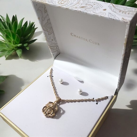 CHARTER CLUB Caged Pearl Necklace & Stud Earrings Set - Picture 4 of 5